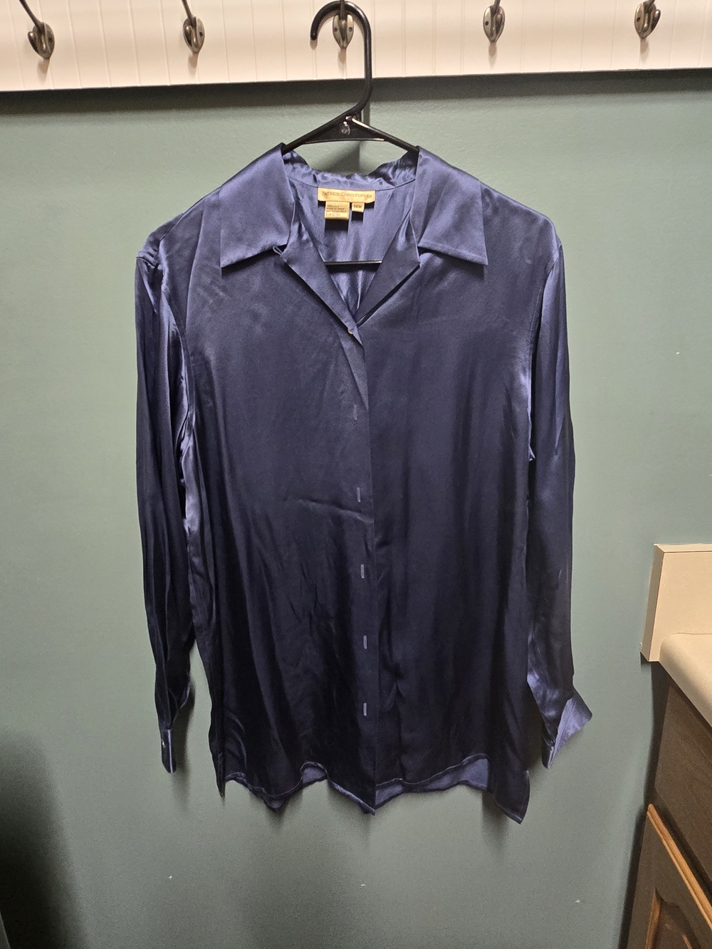 Womens Navy Silk Satin Button-Down Shirt - Classic Collar